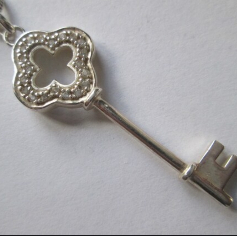 Vintage 925 Sterling Silver Diamond Key Necklace